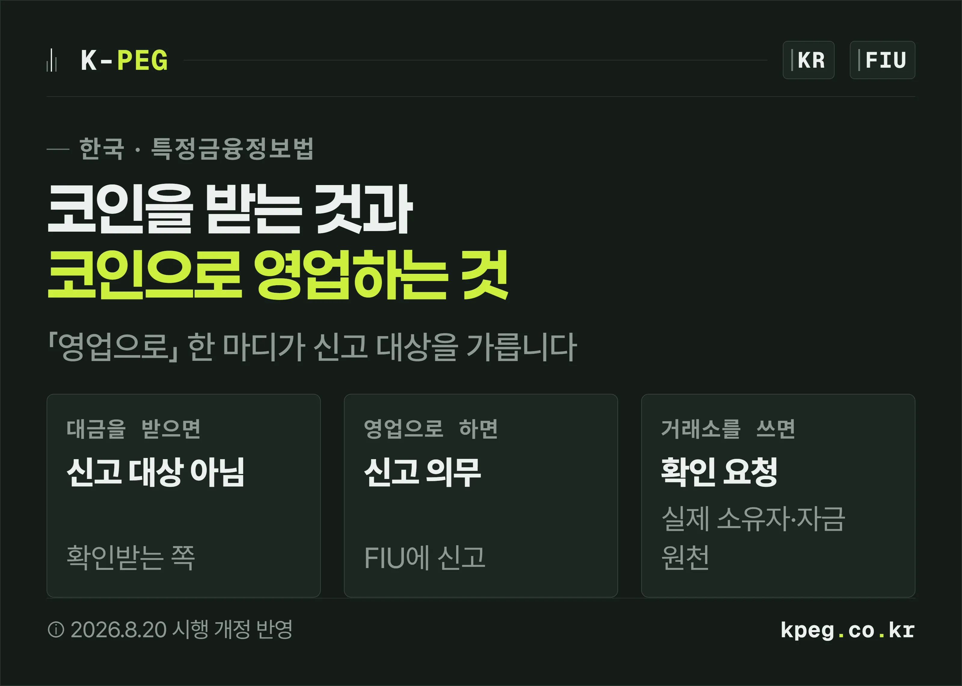 가상자산사업자 신고 대상인지 「영업으로」라는 한 마디로 갈린다는 것을 보여 주는 표지 이미지.