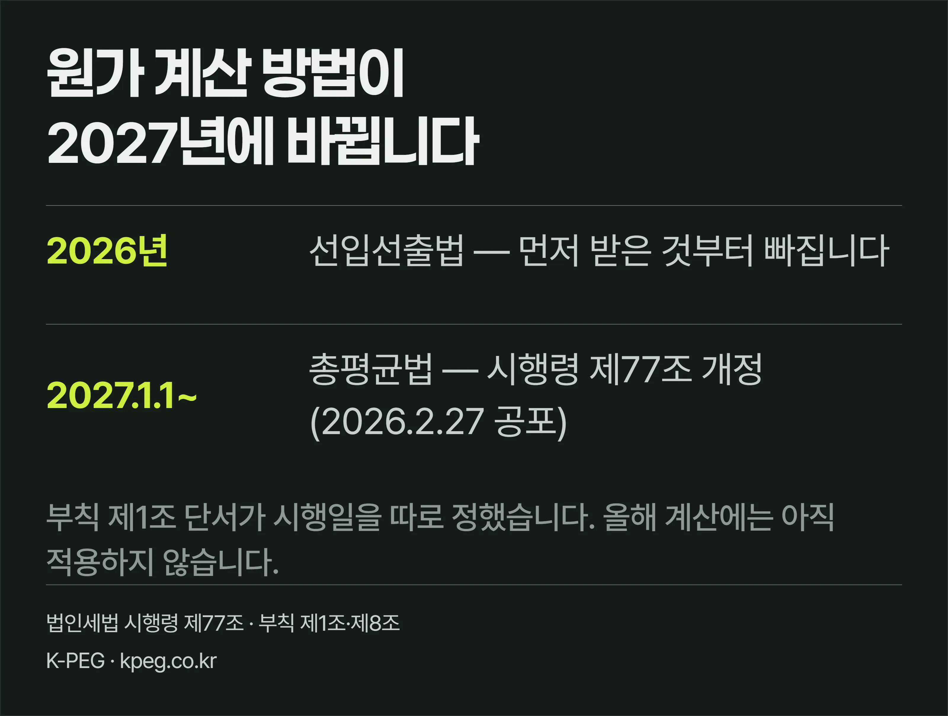 법인세법 시행령 제77조가 2026년 2월 27일 개정으로 선입선출법에서 총평균법으로 바뀌고, 그 시행일이 2027년 1월 1일이라는 것을 시간축으로 보여주는 도식.