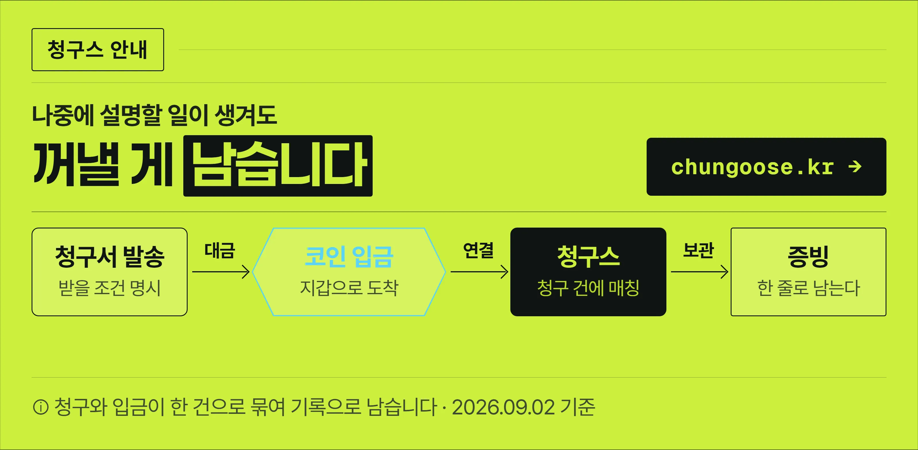 청구스 안내 — 코인으로 받은 대금이 어느 청구 건에 붙었는지 증빙으로 남는 흐름.