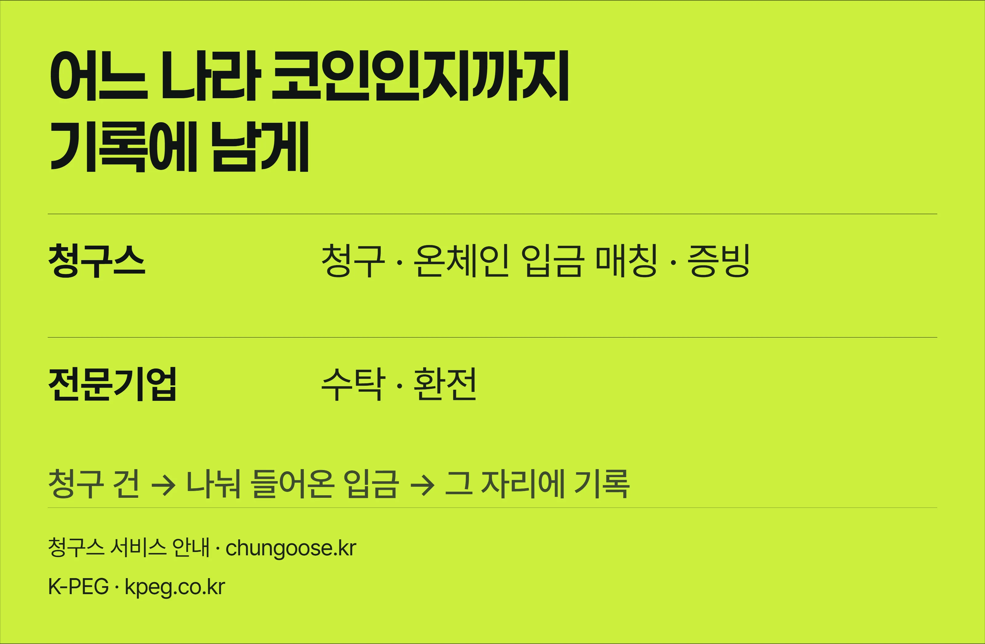 해외 거래처가 보낸 스테이블코인이 청구 건과 이어지고 그 자리에 증빙이 남는 흐름을 세 칸으로 보여주는 청구스 안내 배너.