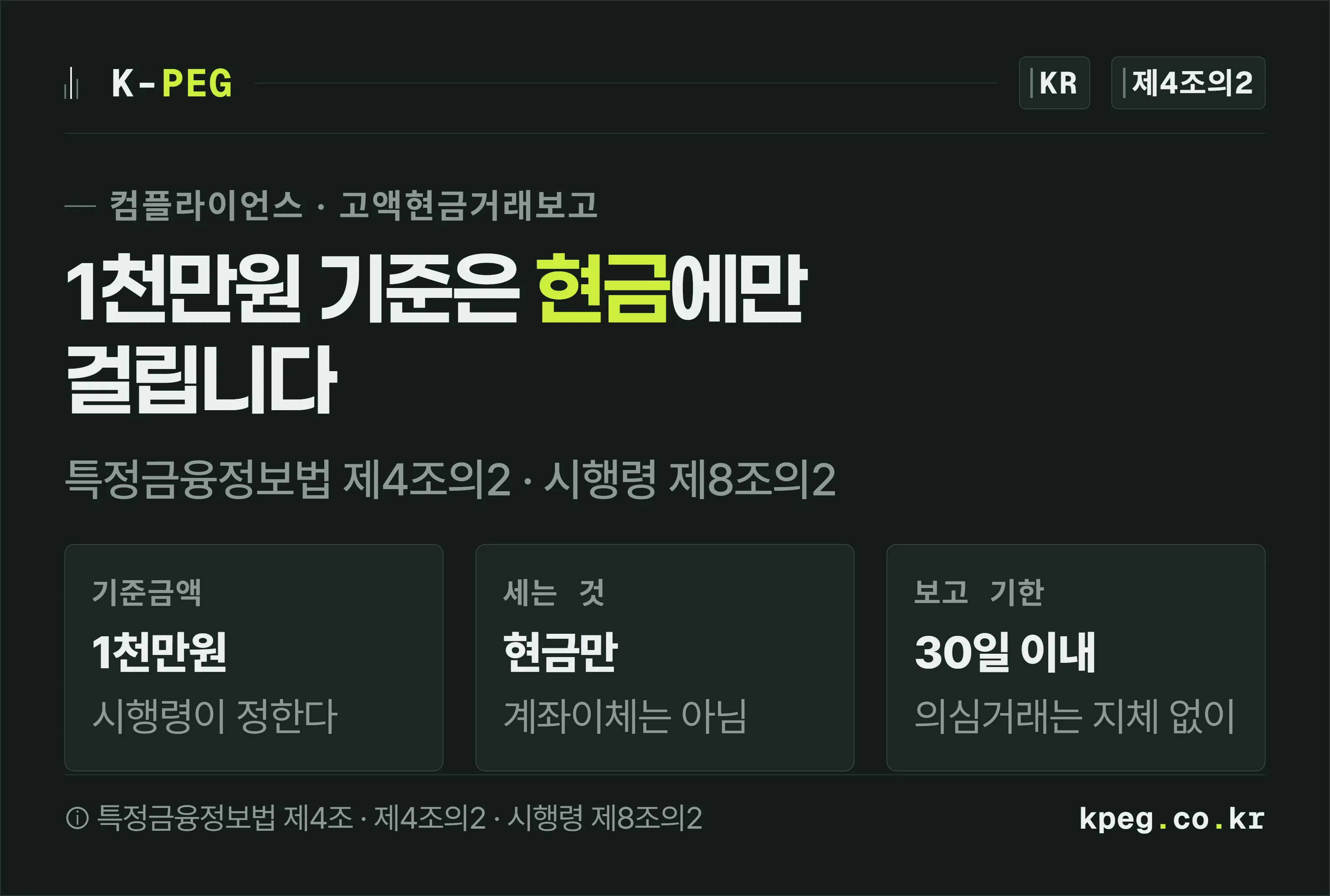 기준금액 1천만원, 세는 것은 현금만, 보고 기한 30일 이내라는 세 가지를 세 장의 카드로 보여주는 표지.