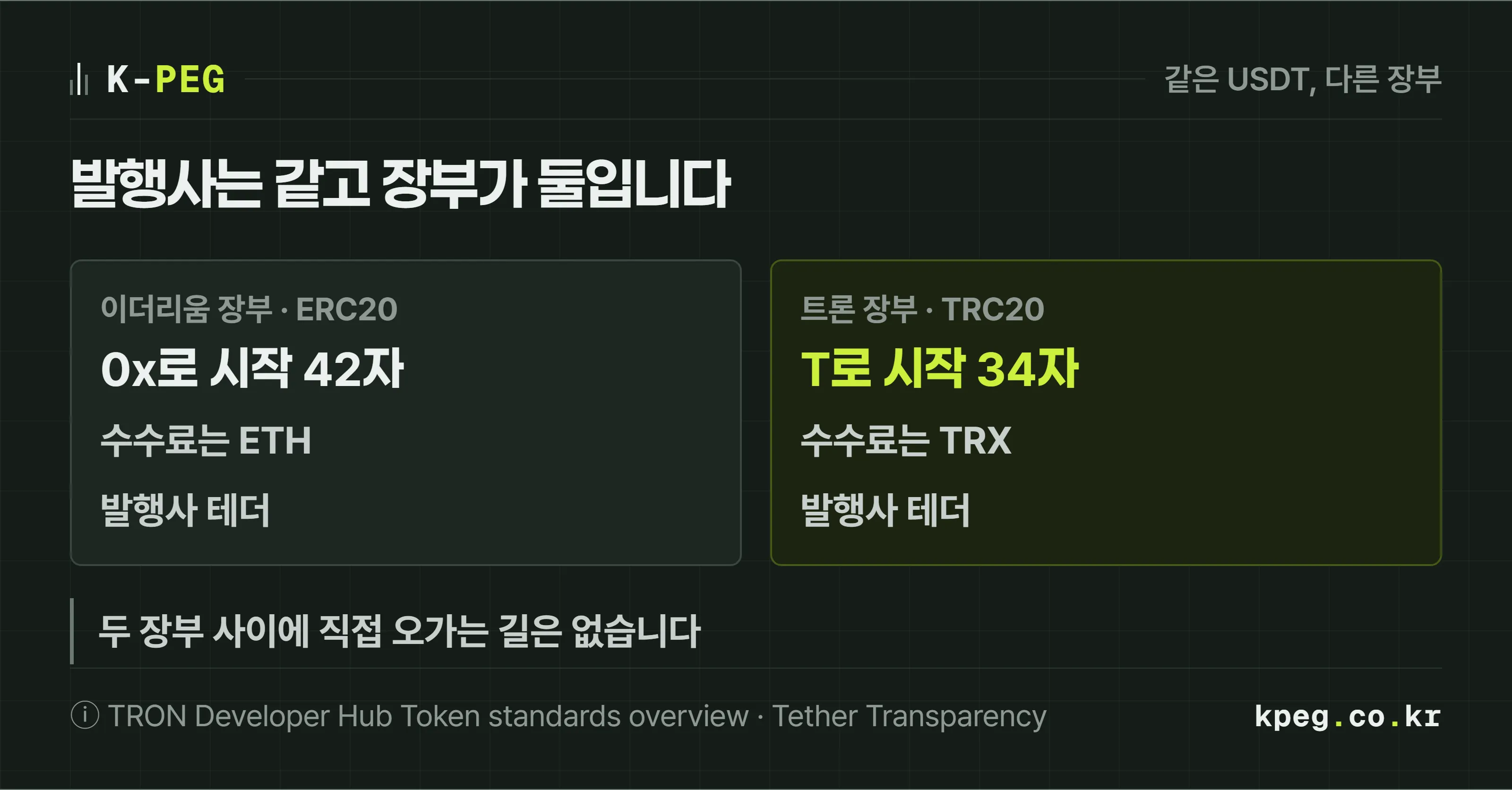 테더가 같은 USDT를 이더리움 장부와 트론 장부에 따로 적는 구조를 보여 주는 도식. 이더리움 쪽은 주소가 0x로 시작하고 수수료를 ETH로 내며, 트론 쪽은 주소가 T로 시작하고 수수료를 TRX로 낸다. 두 장부 사이에는 직접 연결되는 선이 없다.