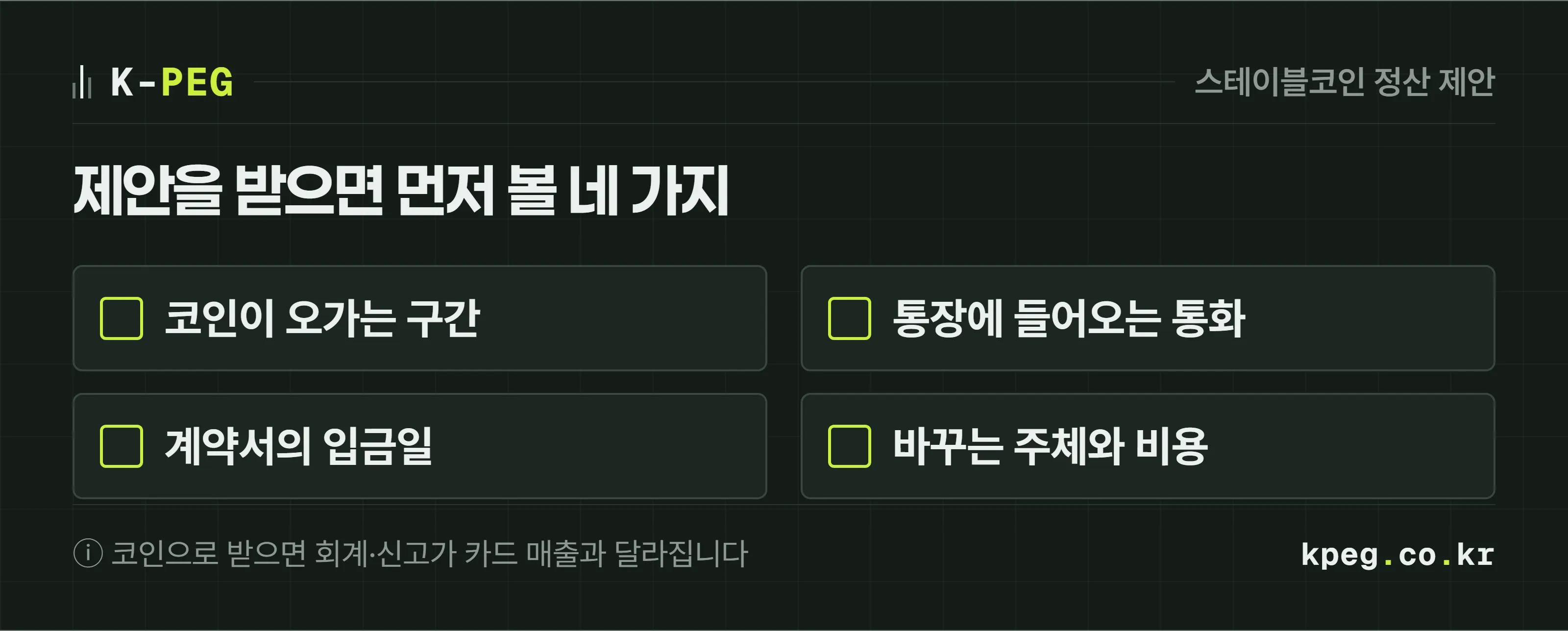 스테이블코인 정산 제안을 받았을 때 확인할 네 가지 점검표. 코인이 오가는 구간이 어디인지, 우리 통장에 들어오는 통화가 무엇인지, 입금일이 계약서에 며칠로 적혀 있는지, 코인을 법정통화로 바꾸는 주체와 비용이 누구인지.